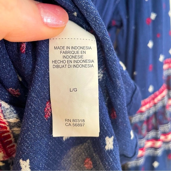 Lucky Brand Navy & Red Bell Sleeve Boho Peasant Blouse Size L - Picture 9 of 11